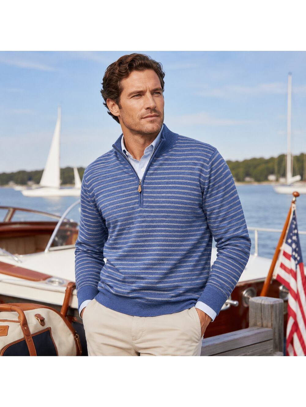 Donald Ross Men's SZ M 100% Merino Wool Blue Gray Striped 1/4 Zip Sweater